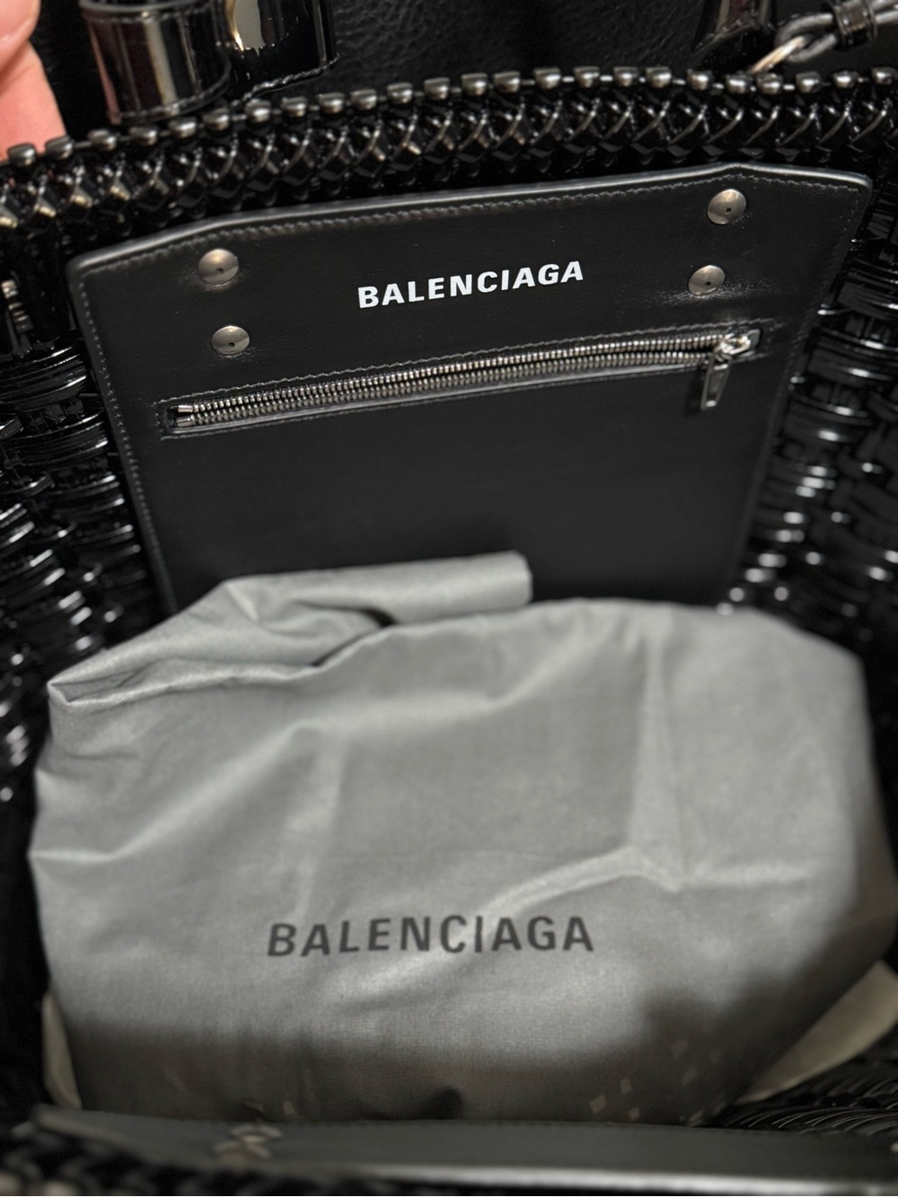 Balenciaga Black Woven Tote with Logo Charm - Picture 6 of 6